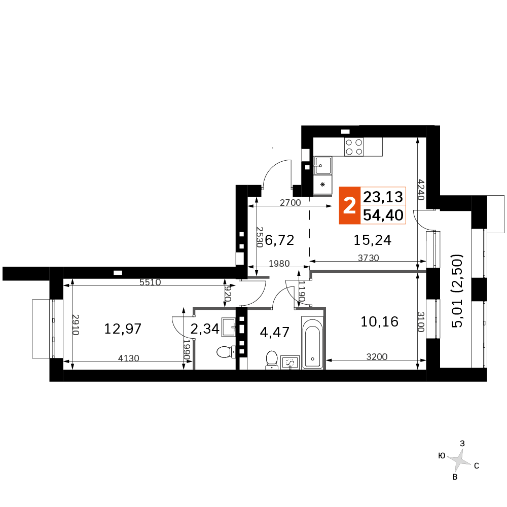 2-комнатная 55 м2 в ЖК Жаворонки Клаб корпус null этаж 3