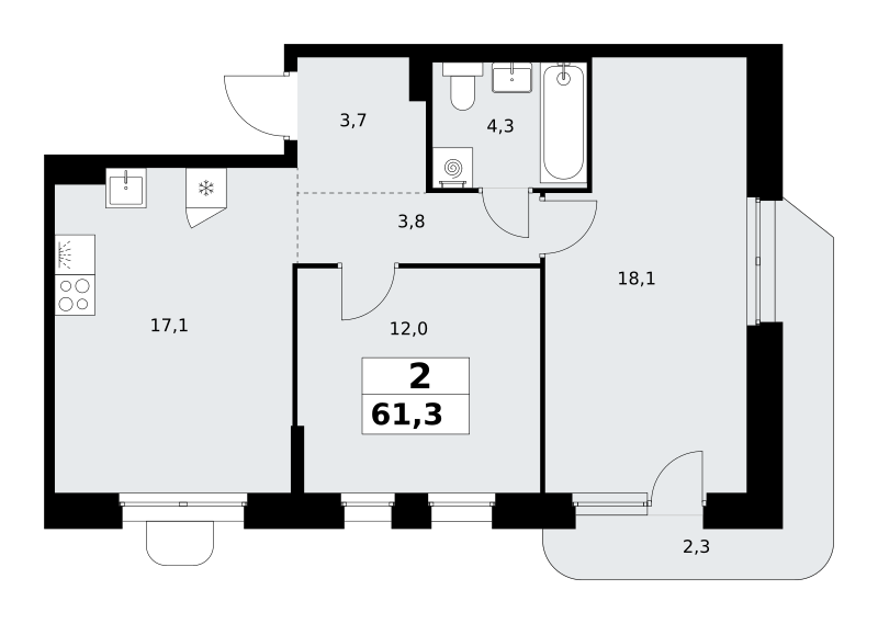 2-комнатная 61 м2 в ЖК Прокшино корпус null этаж 6