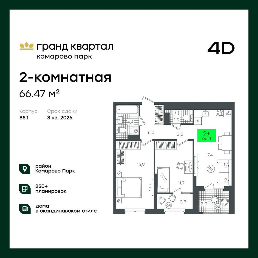 2-комнатная 66 м2 в ЖК Гранд Квартал корпус null этаж 20