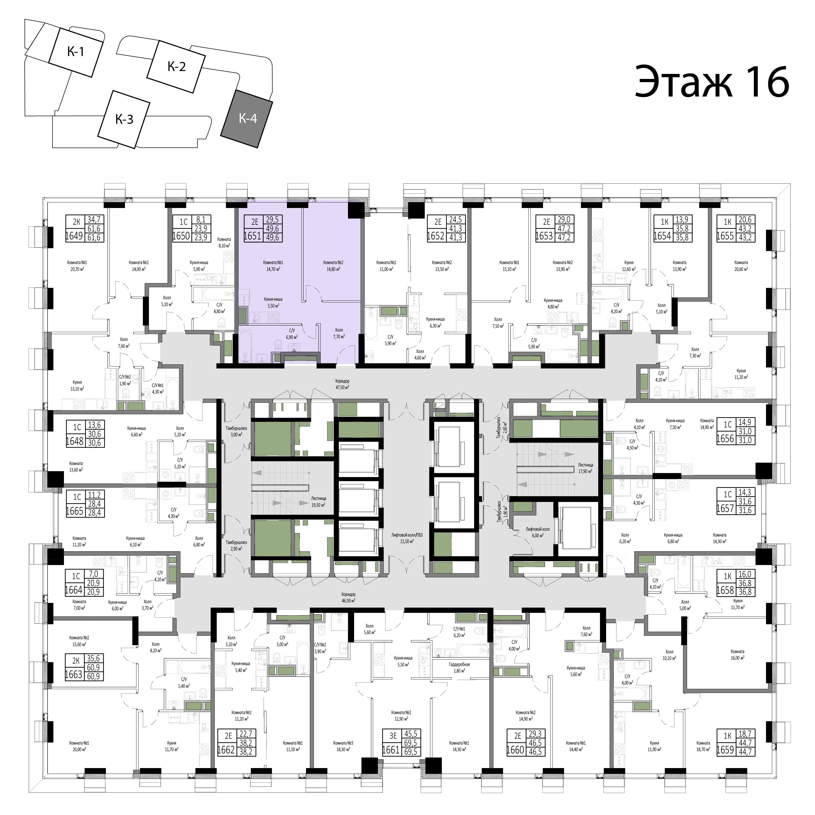 2-комнатная 49 м2 в ЖК Мираполис корпус null этаж 16