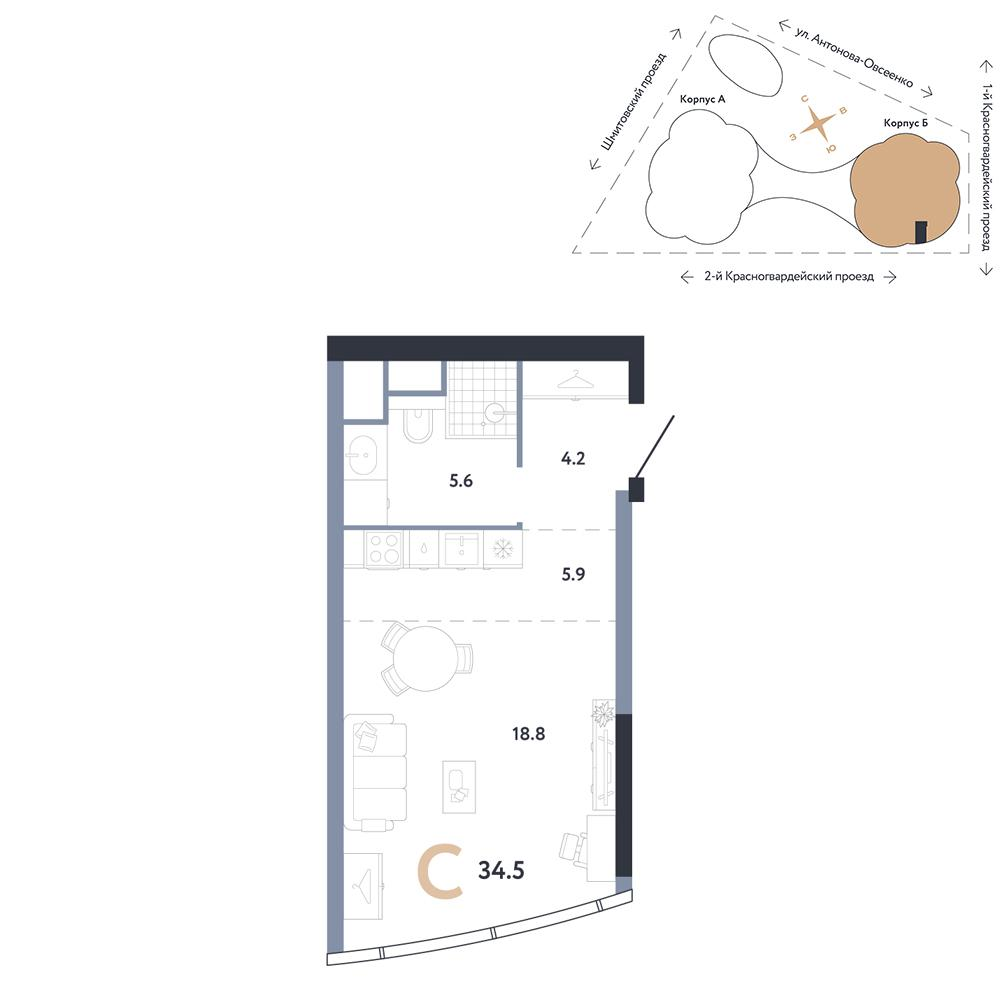 Студия 34 м2 в ЖК AURUS Residences корпус null этаж 44