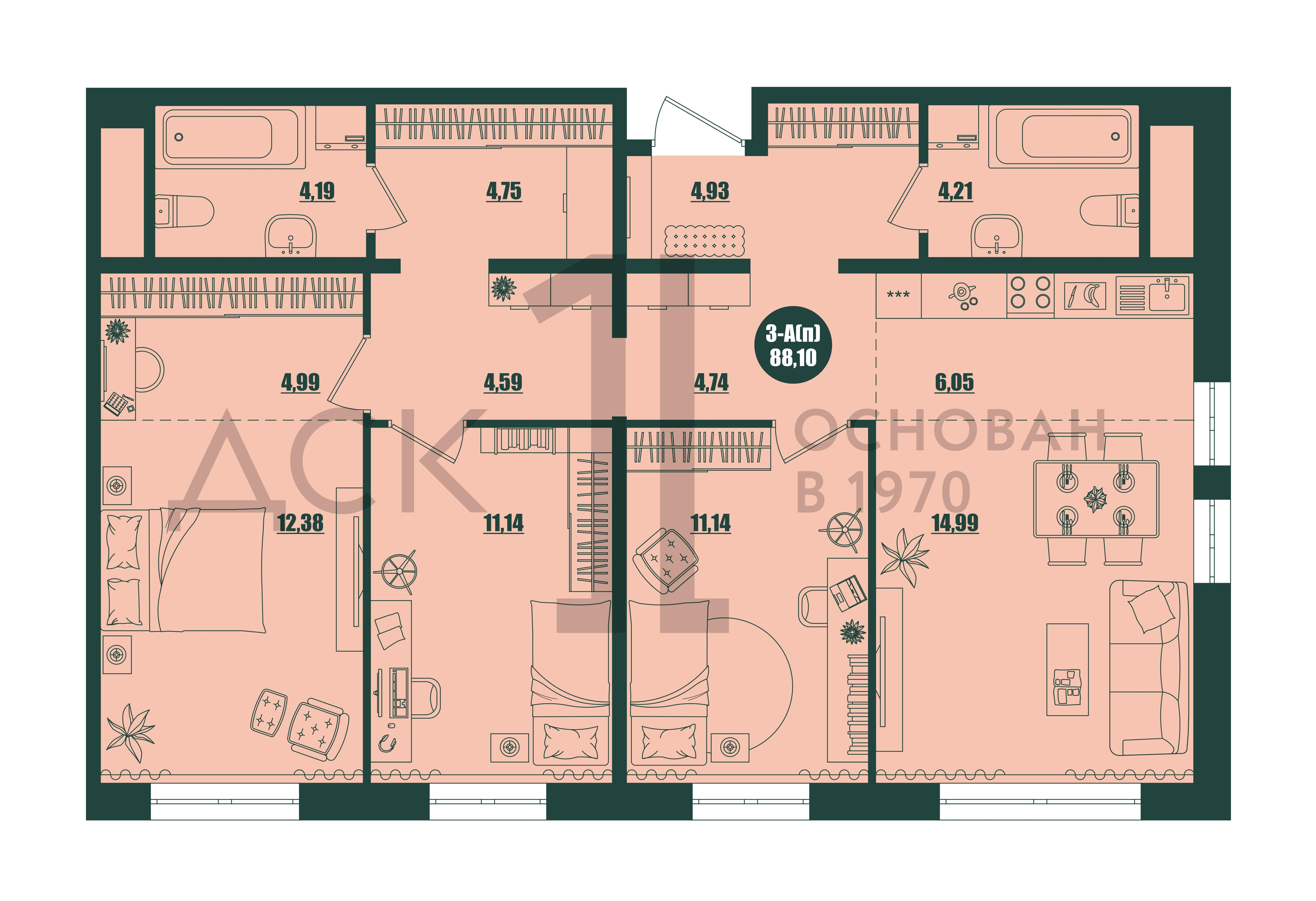 3-комнатная 88 м2 в ЖК Крылов корпус null этаж 2