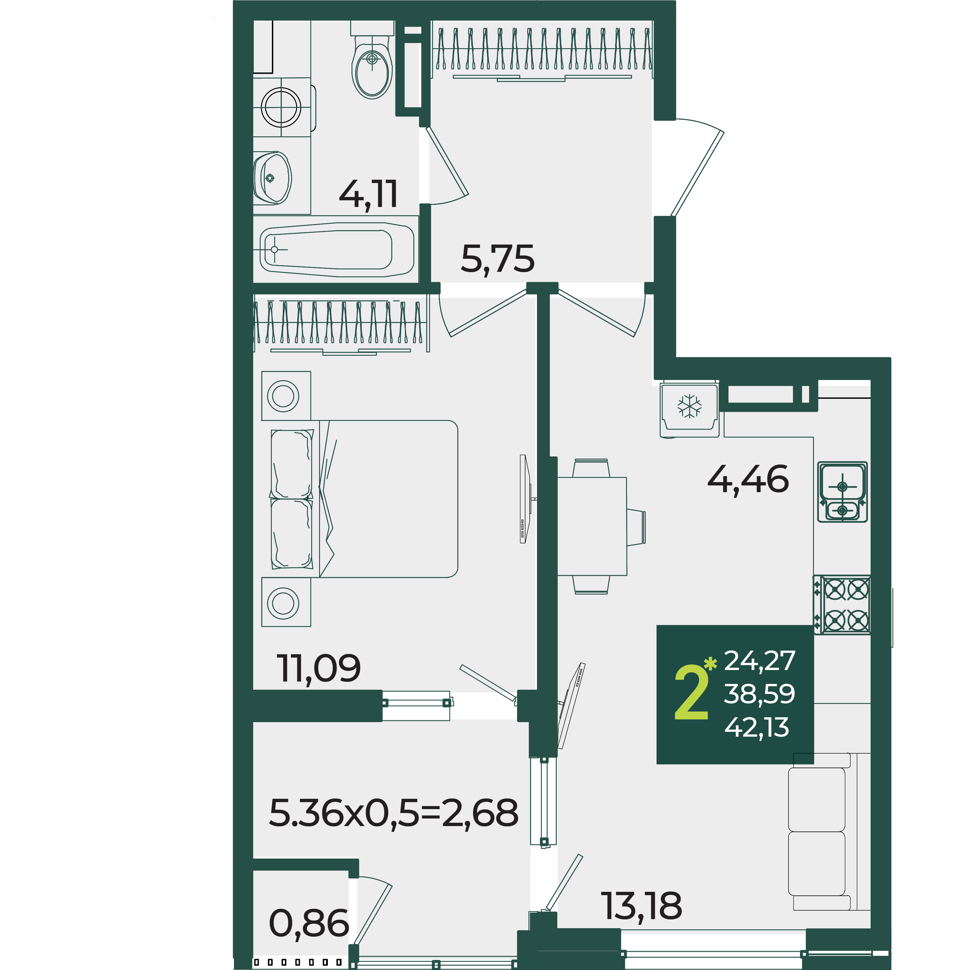 2-комнатная 42 м2 в ЖК Образцово корпус null этаж 13