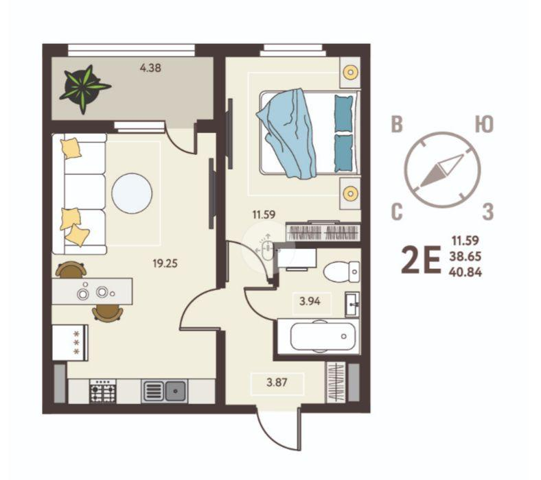 1-комнатная 41 м2 в ЖК undefined корпус null этаж 12