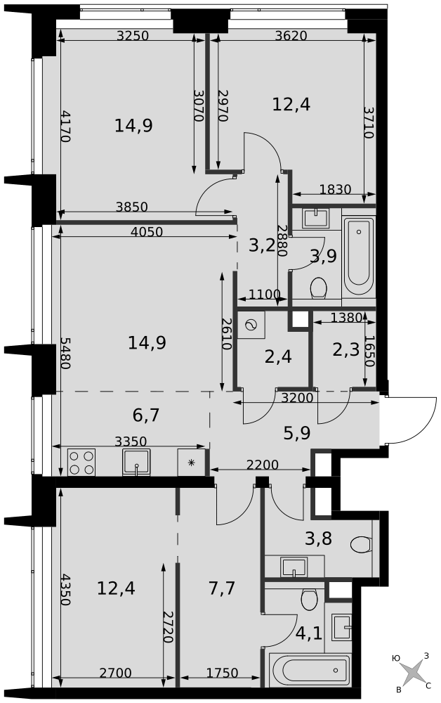 4-комнатная 94 м2 в ЖК Амбер Сити корпус null этаж 56