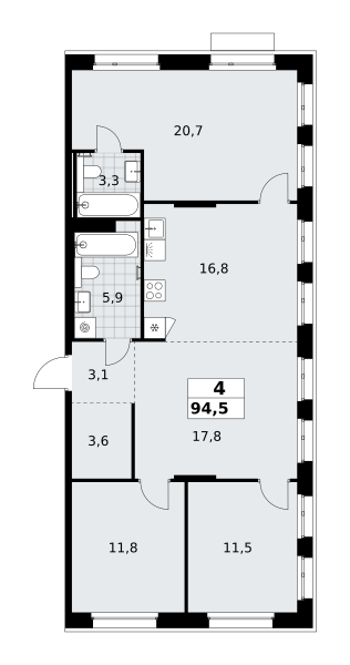 4-комнатная 94 м2 в ЖК Хольм корпус null этаж 3