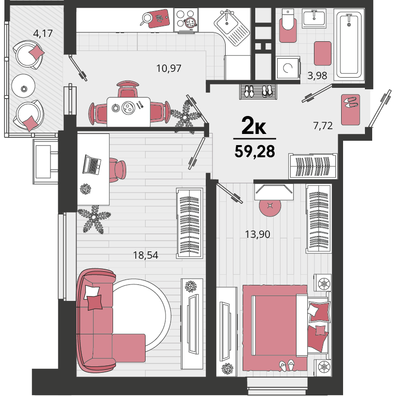 2-комнатная 58 м2 в ЖК Родные просторы корпус null этаж 7