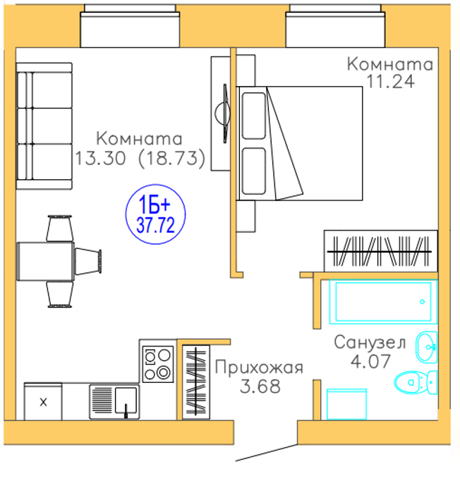 2-комнатная 37 м2 в ЖК Листопад корпус null этаж 6