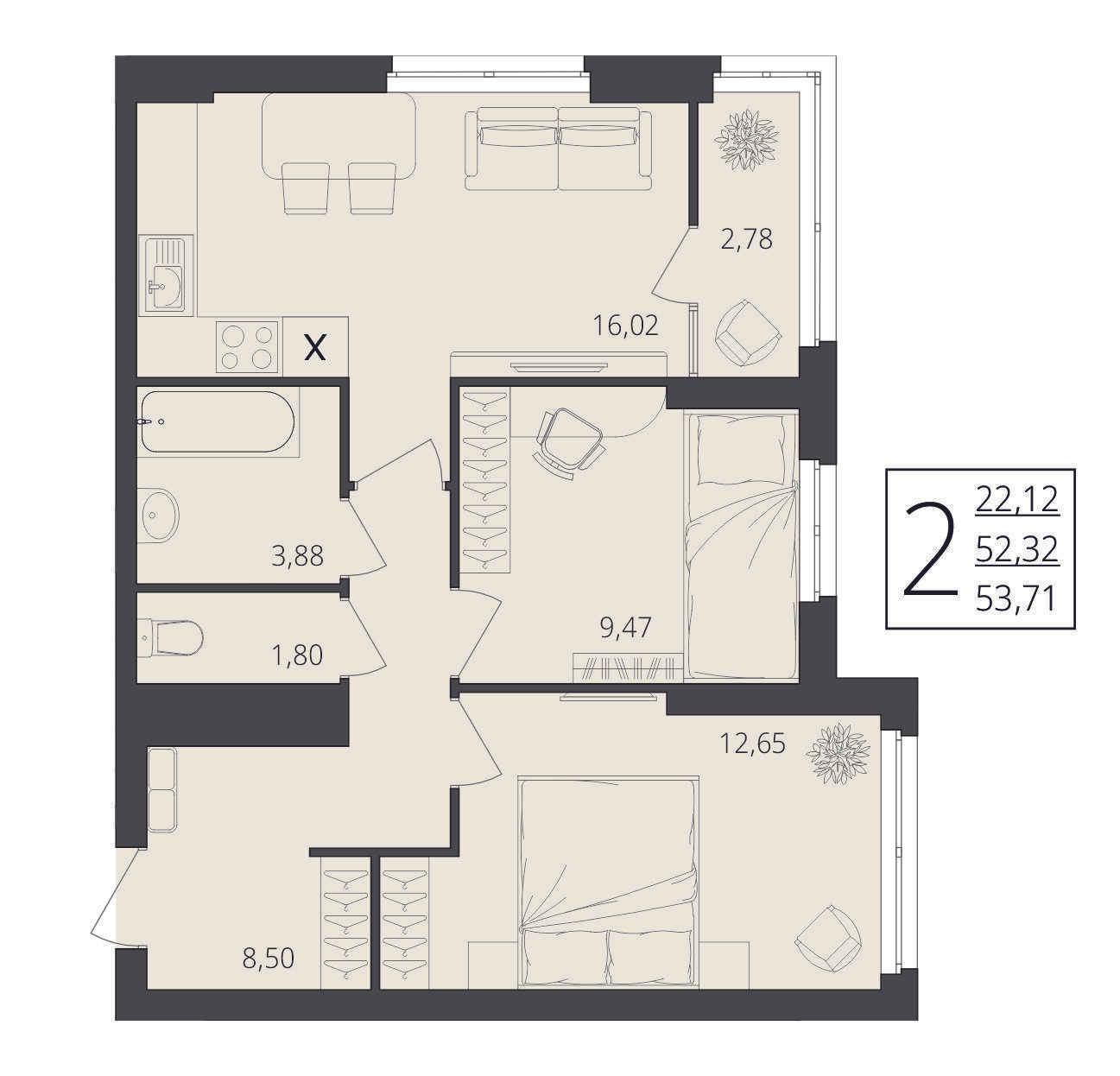 2-комнатная 54 м2 в ЖК Берег Волги корпус null этаж 14
