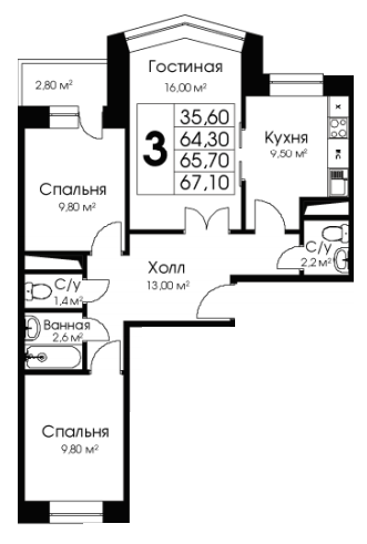 3-комнатная 64.2 м2 в ЖК undefined корпус null этаж 6