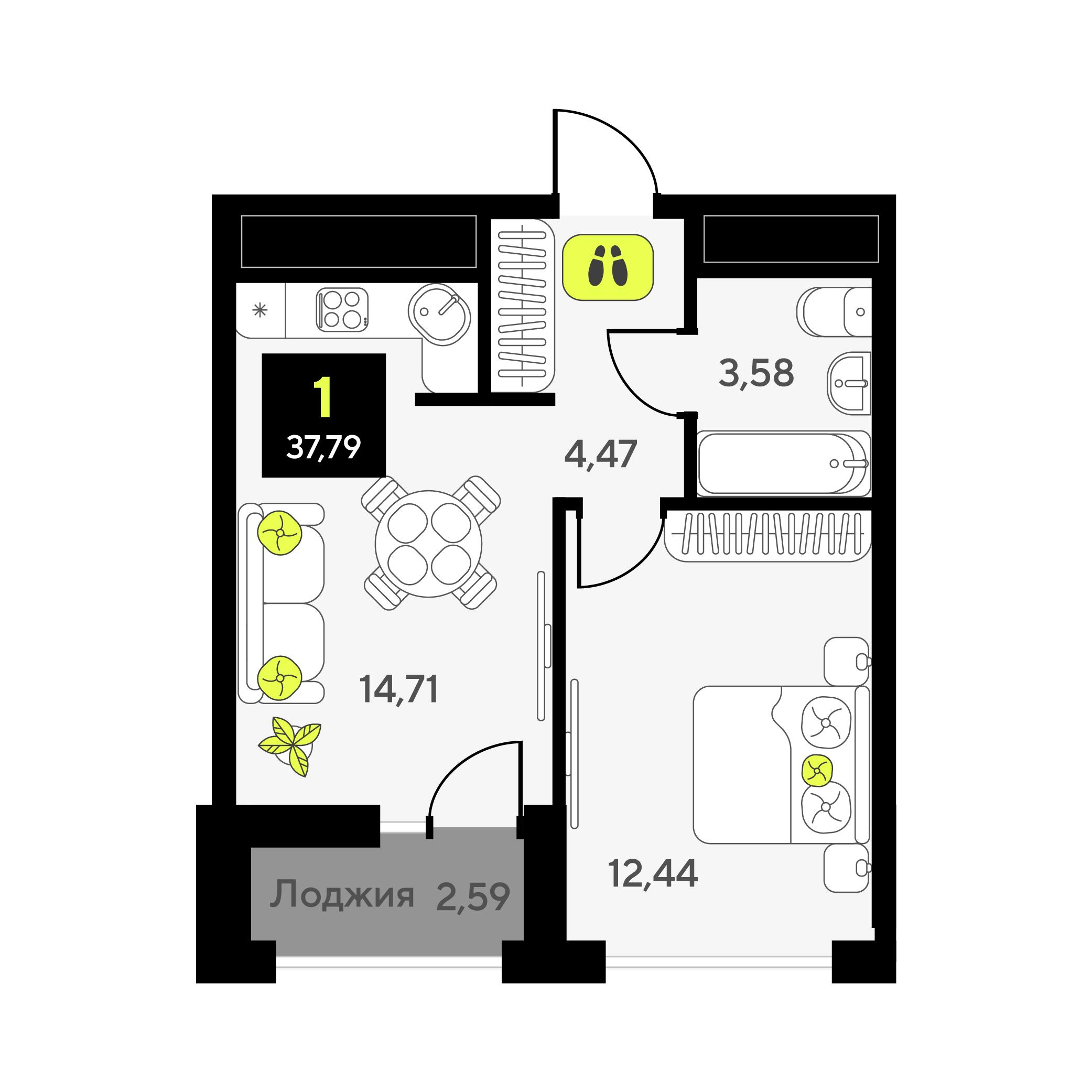 1-комнатная 37 м2 в ЖК Мотивы корпус null этаж 13