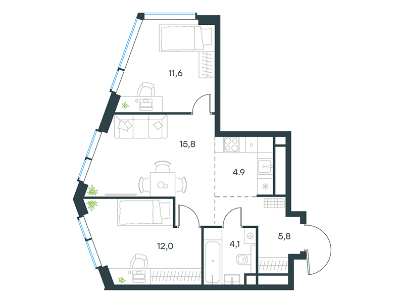 3-комнатная 54 м2 в ЖК Level Мичуринский, этапы 3 и 4 корпус null этаж 47