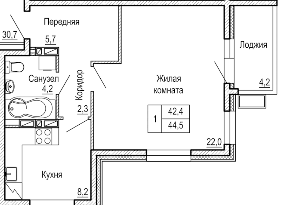1-комнатная 44 м2 в ЖК Гармония корпус null этаж 16