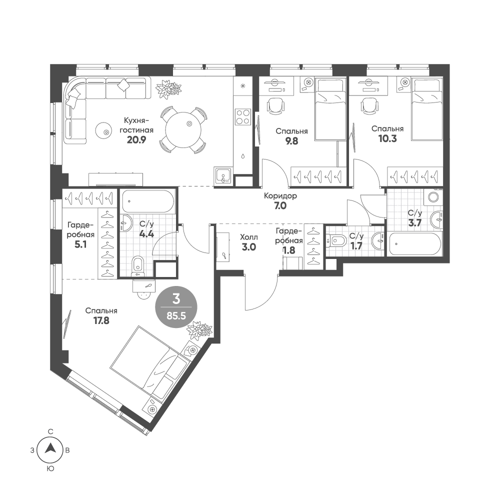 3-комнатная 85 м2 в ЖК Sokolinn Park корпус null этаж 10