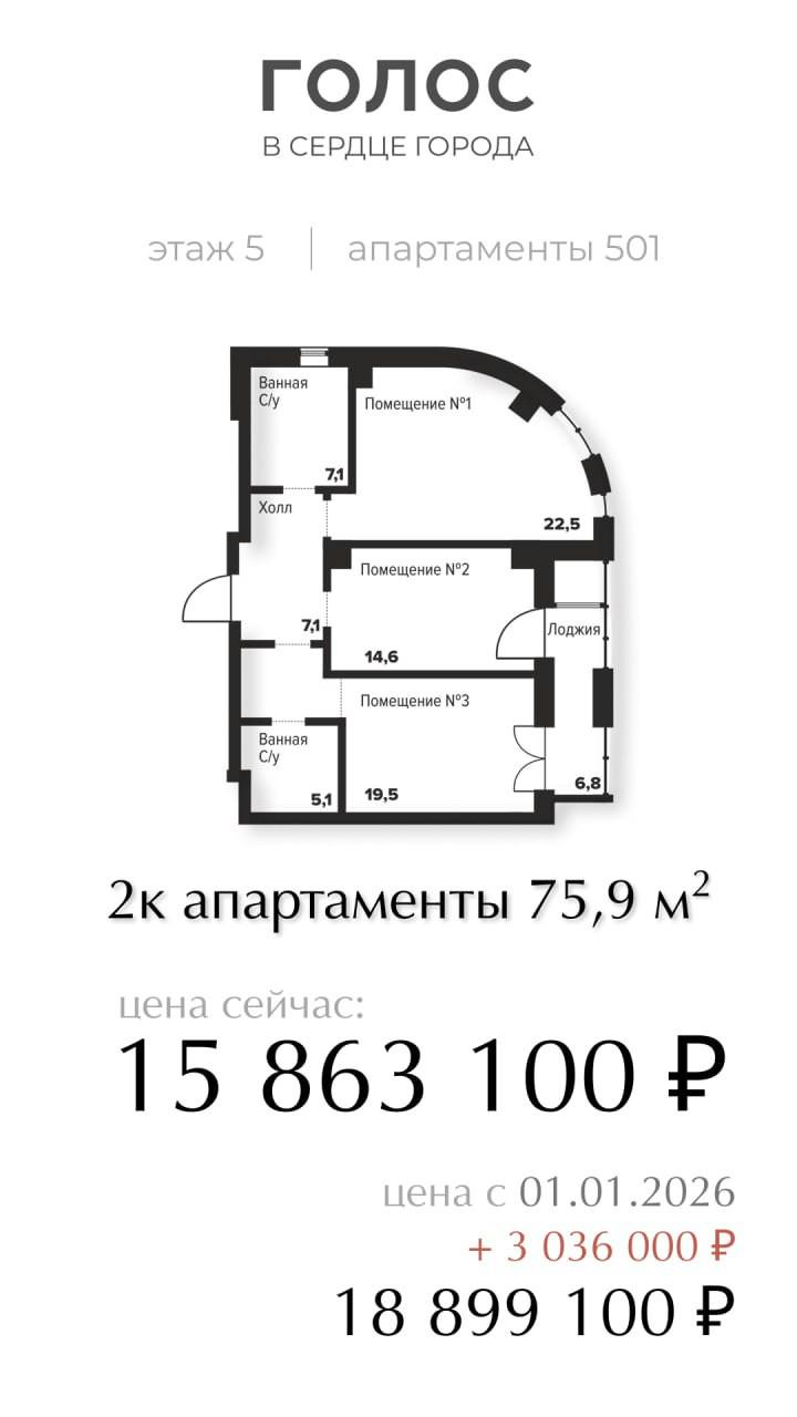 2-комнатная 75.9 м2 в ЖК undefined корпус null этаж 5