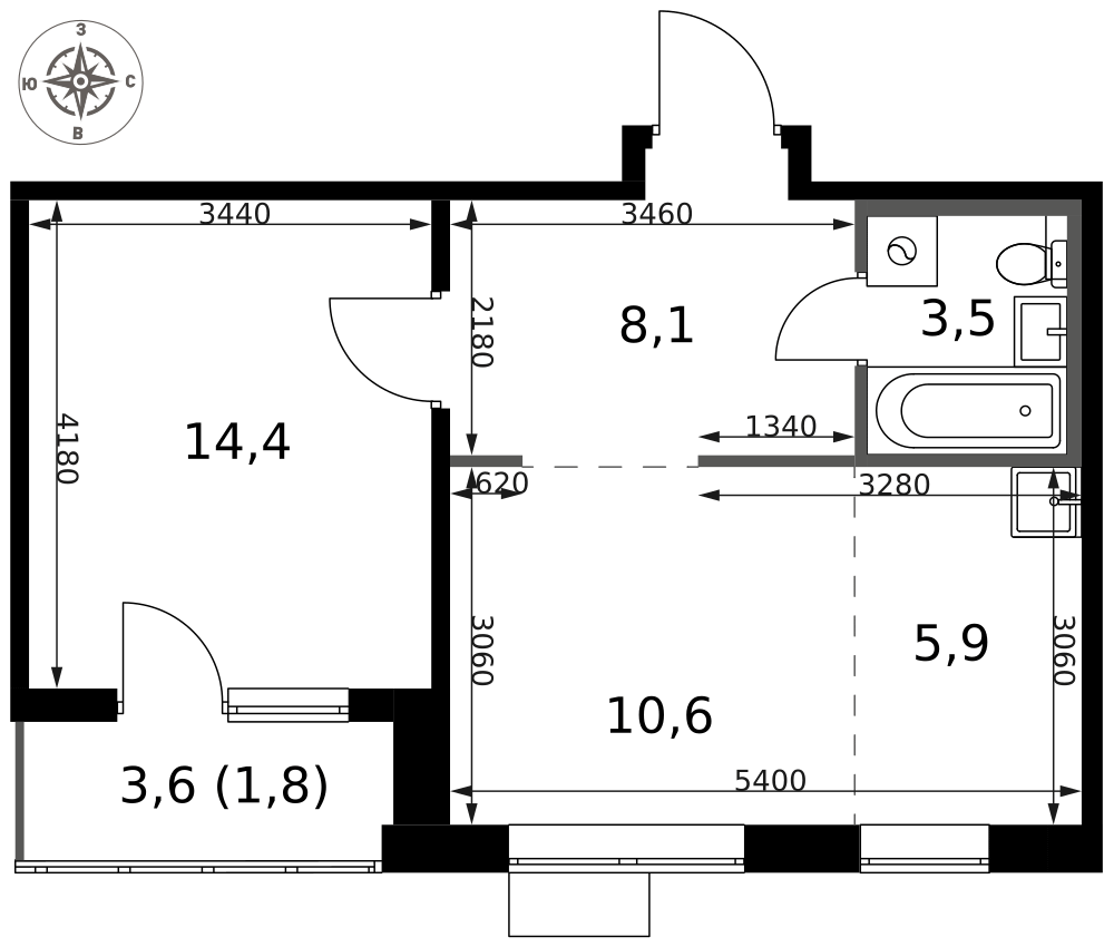 2-комнатная 44 м2 в ЖК 1-й Саларьевский корпус null этаж 12