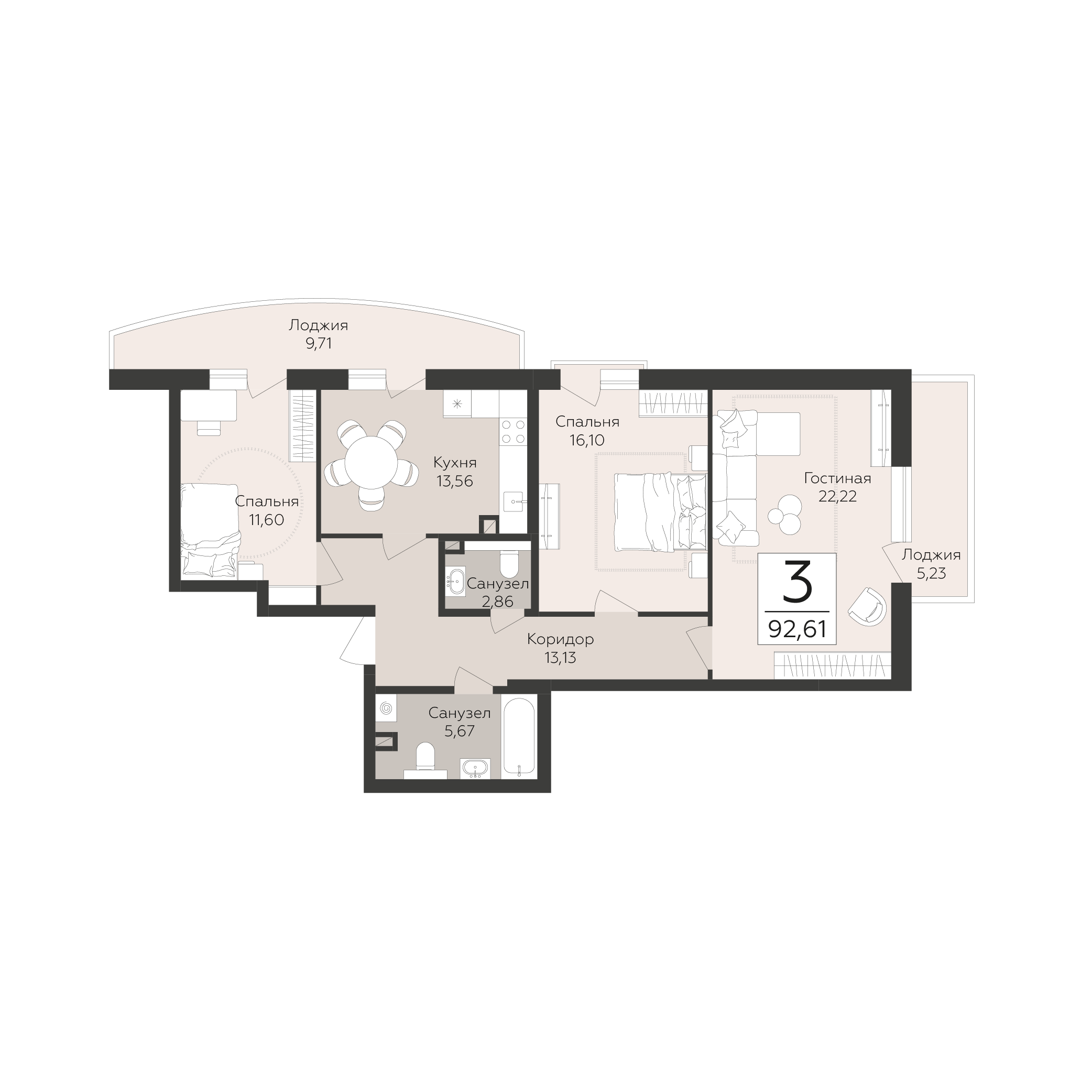 3-комнатная 92 м2 в ЖК Скай корпус null этаж 2