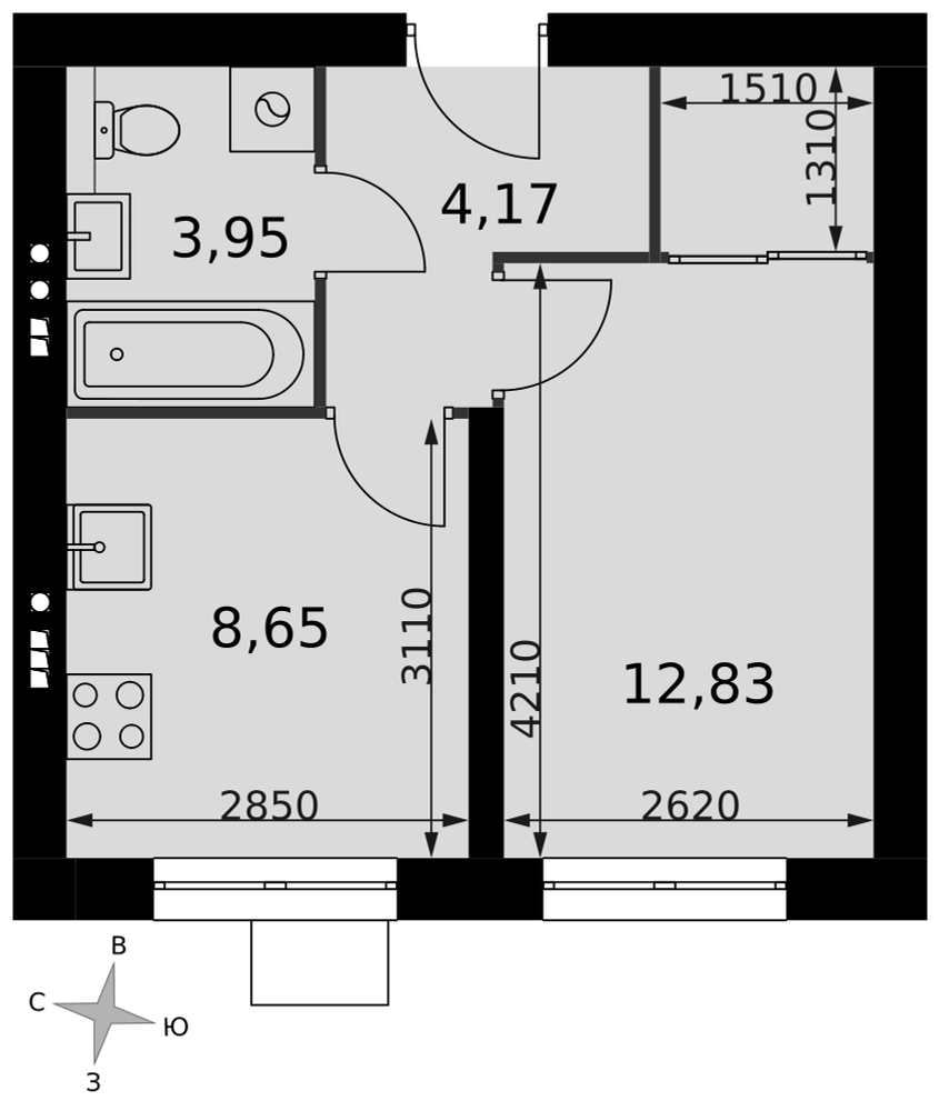 1-комнатная 29 м2 в ЖК Мартемьяново Клаб корпус null этаж 2