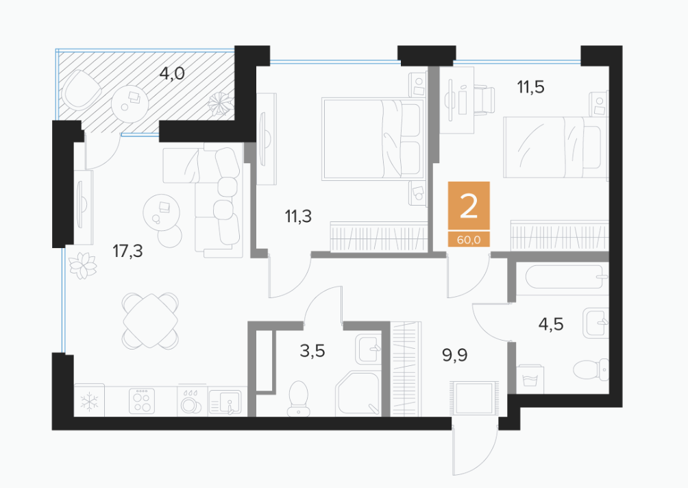 2-комнатная 60 м2 в ЖК undefined корпус null этаж 11