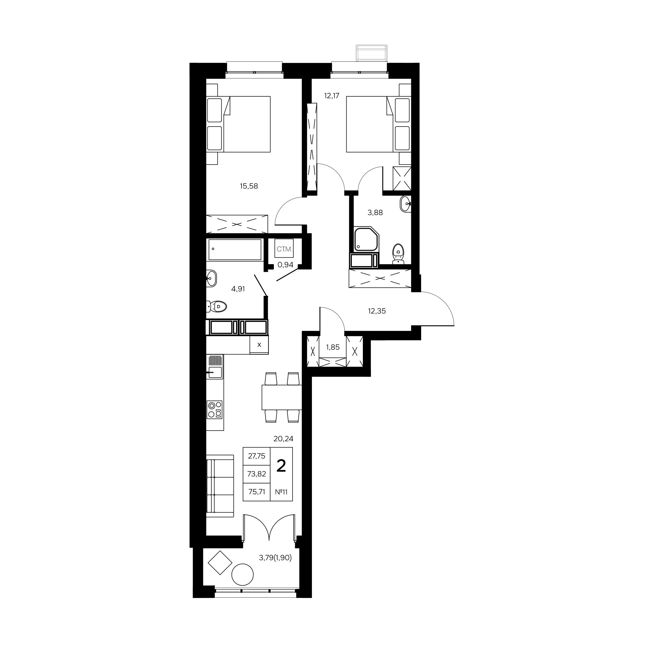 2-комнатная 75 м2 в ЖК Дом Славский корпус null этаж 4