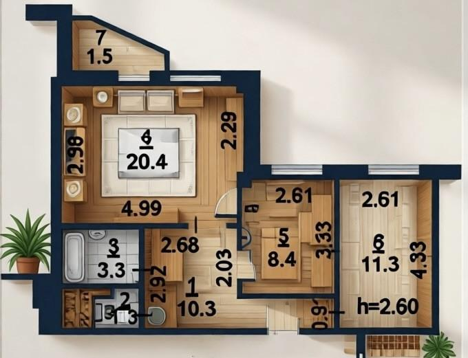 3-комнатная 55 м2 в ЖК undefined корпус null этаж 11