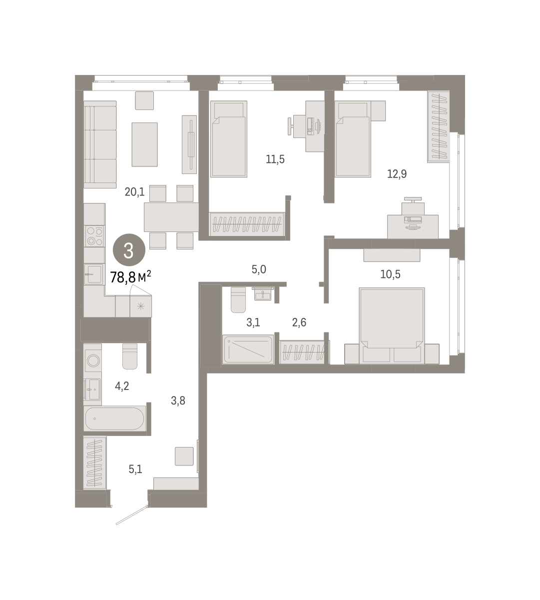 3-комнатная 78 м2 в ЖК Республики 205 корпус null этаж 11