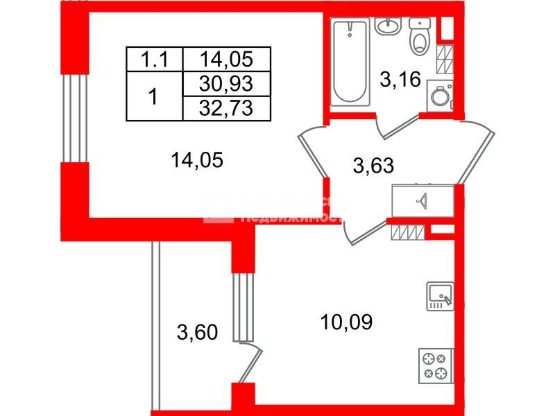 1-комнатная 30 м2 в ЖК Парадный ансамбль корпус null этаж 5