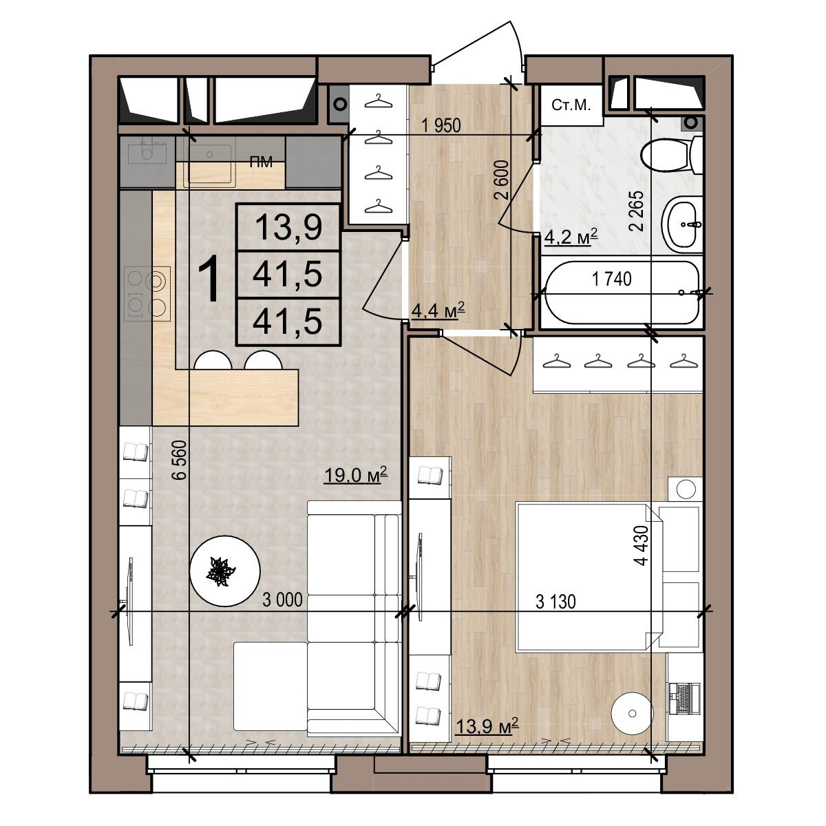 1-комнатная 41 м2 в ЖК Полярная звезда корпус null этаж 13