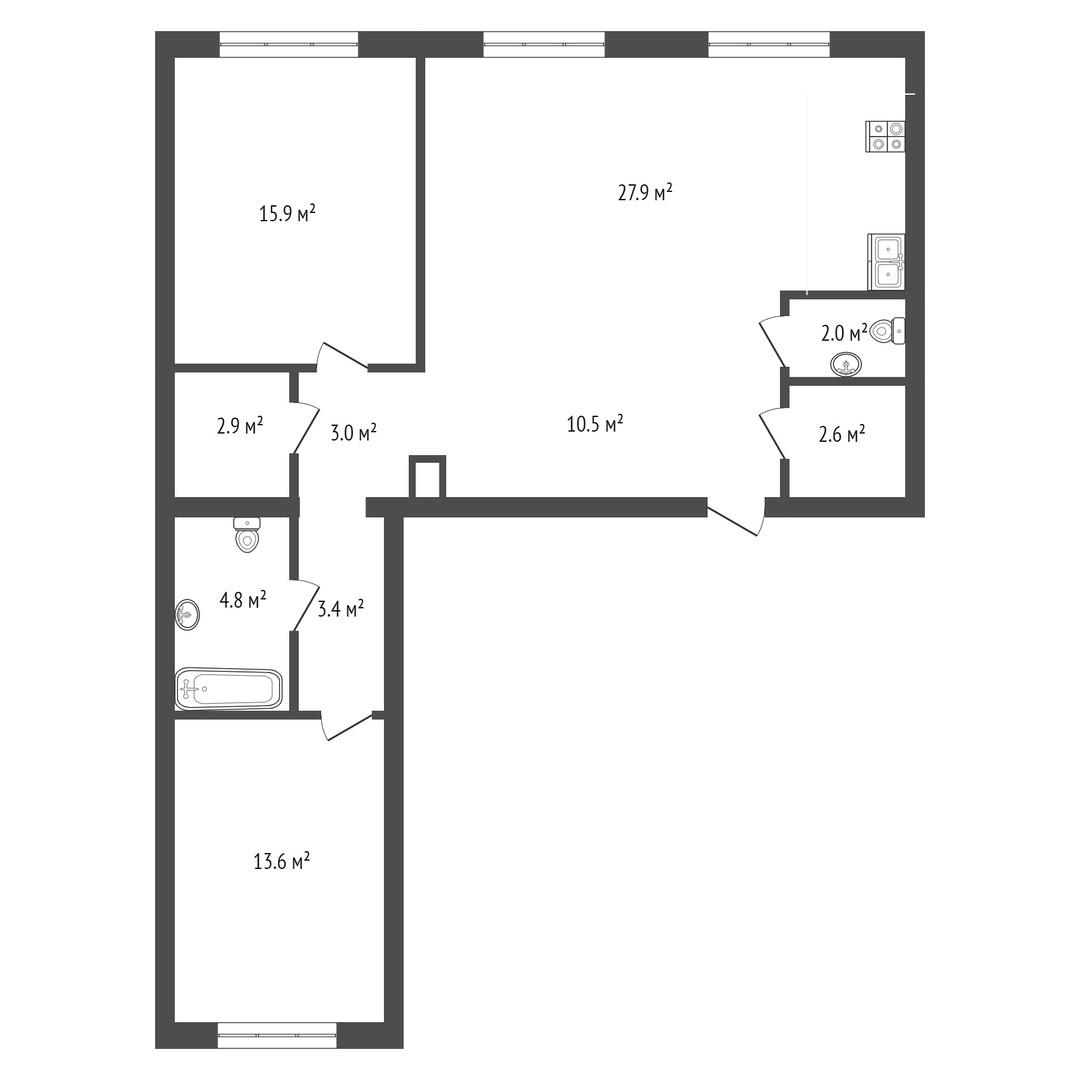3-комнатная 89.1 м2 в ЖК undefined корпус null этаж 1