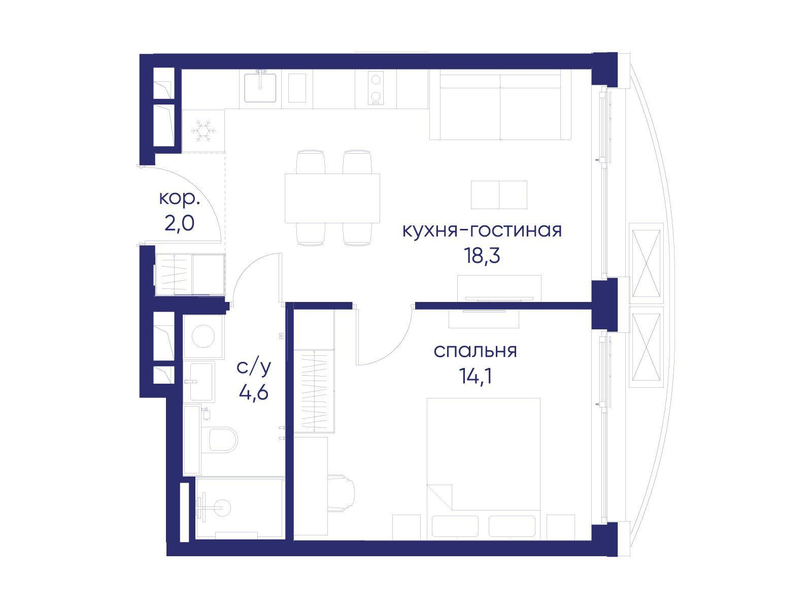 1-комнатная 39 м2 в ЖК Остров корпус null этаж 6