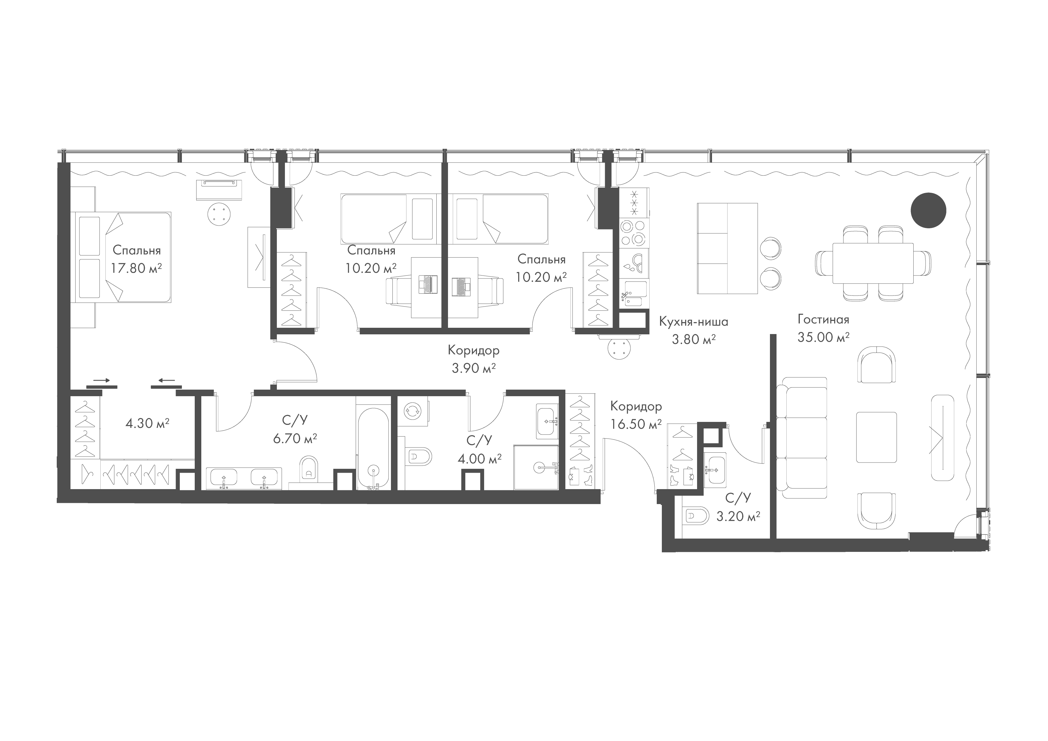 3-комнатная 113 м2 в ЖК SLAVA корпус null этаж 28