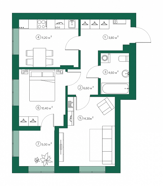 2-комнатная 53.4 м2 в ЖК undefined корпус null этаж 2