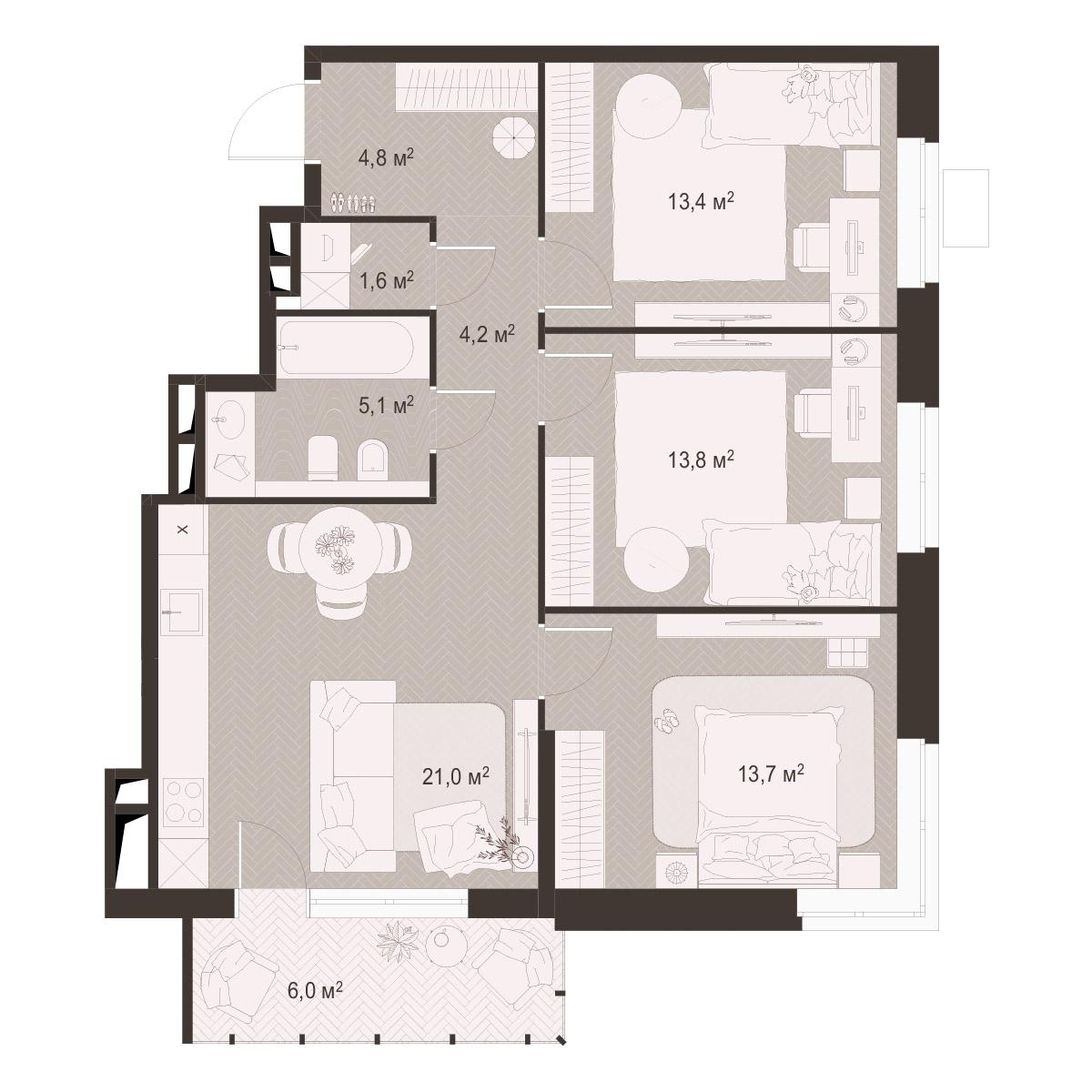 3-комнатная 83 м2 в ЖК Гранд Комфорт-3 корпус null этаж 3
