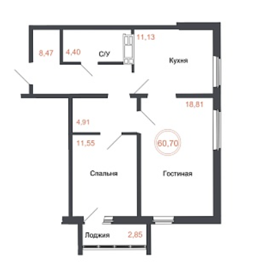 2-комнатная 60.7 м2 в ЖК undefined корпус null этаж 11