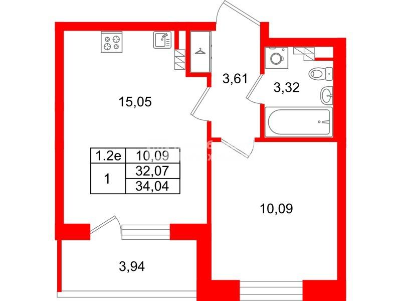 1-комнатная 32 м2 в ЖК Парадный ансамбль корпус null этаж 4