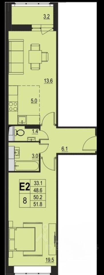 2-комнатная 51 м2 в ЖК undefined корпус null этаж 7