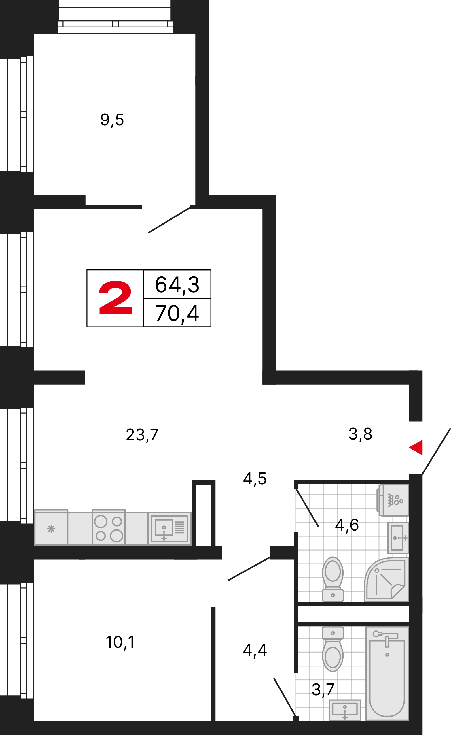 2-комнатная 64 м2 в ЖК Бестселлер корпус null этаж 13