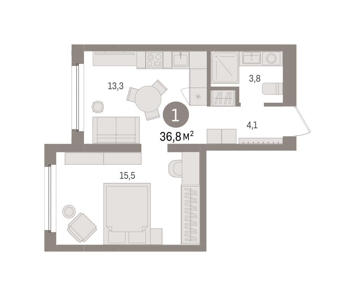 1-комнатная 36 м2 в ЖК Зарека корпус null этаж 2