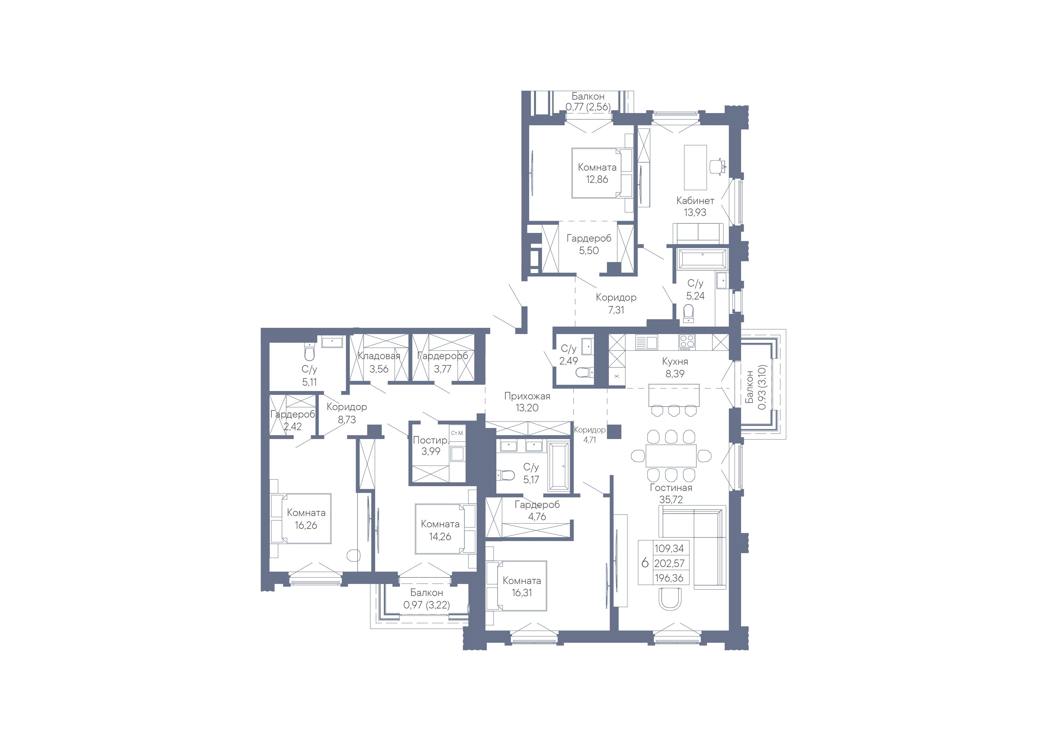 6-комнатная 196 м2 в ЖК Собрание корпус null этаж 5