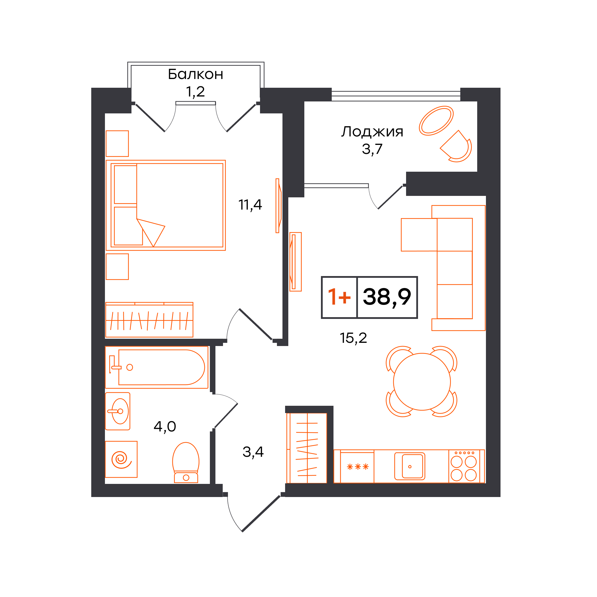 1-комнатная 38 м2 в ЖК УНО. Умный квартал корпус null этаж 9