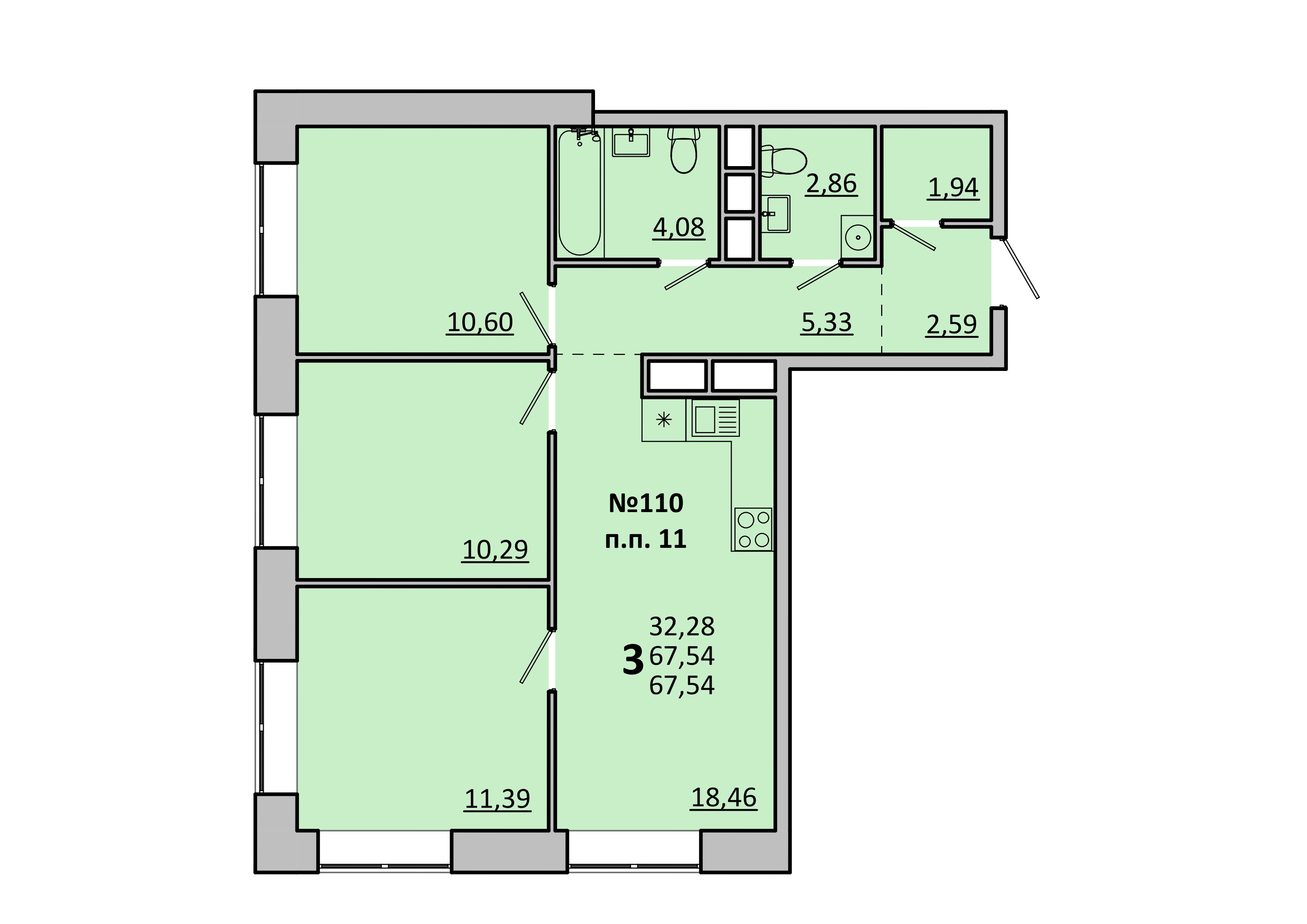3-комнатная 67 м2 в ЖК Каштановая Роща корпус null этаж 11