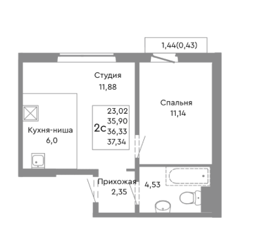 2-комнатная 36.3 м2 в ЖК undefined корпус null этаж 9