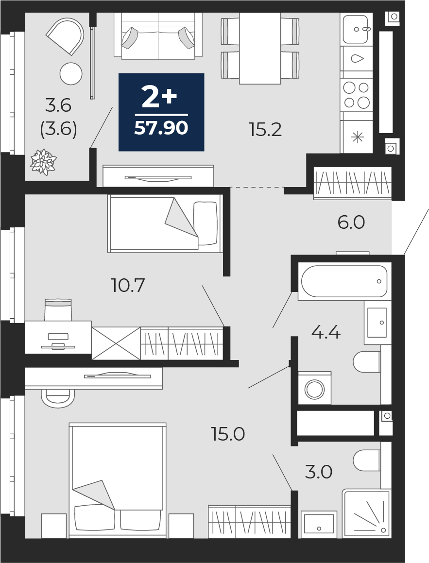 2-комнатная 57 м2 в ЖК Мириады корпус null этаж 14