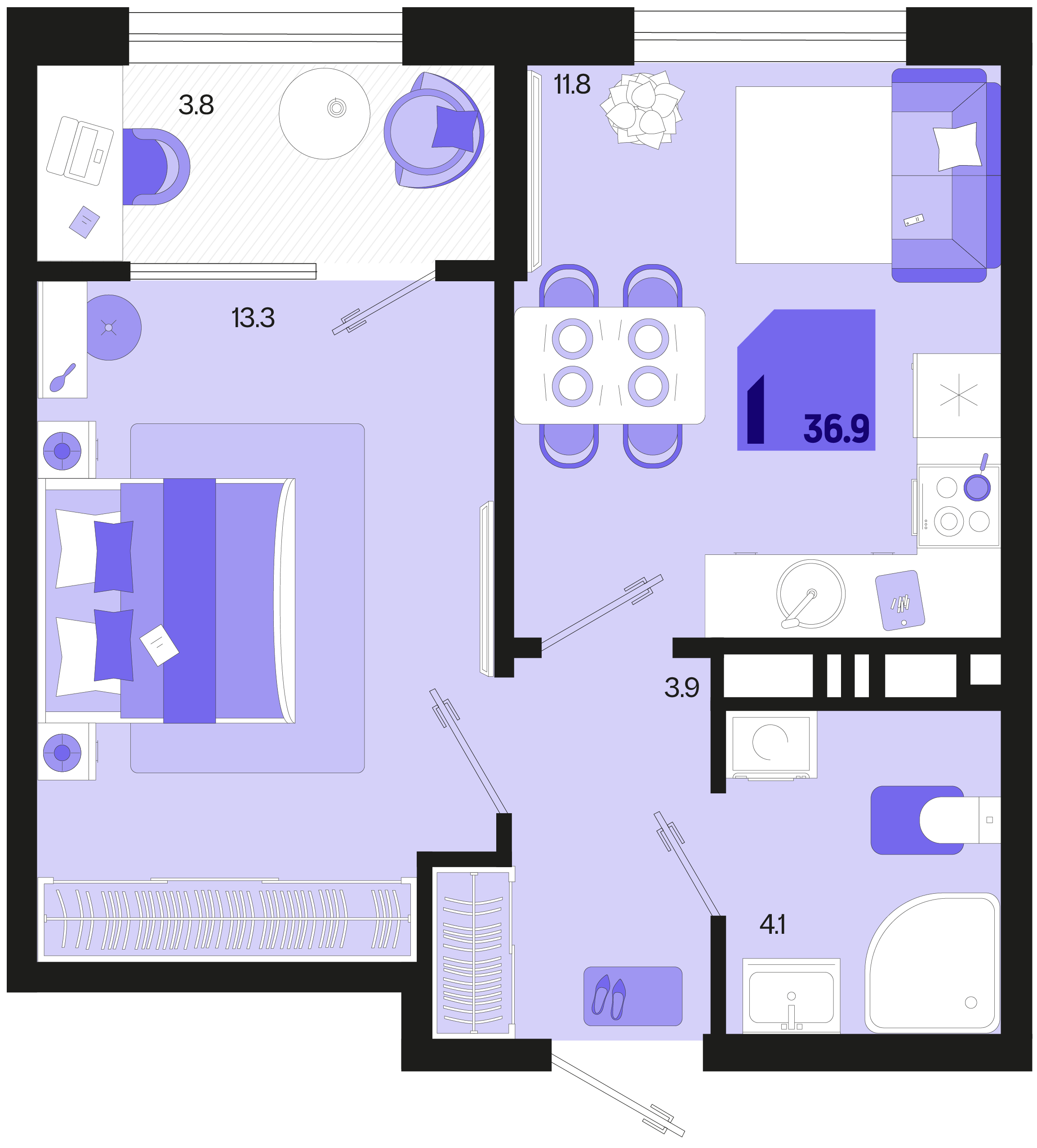 1-комнатная 36 м2 в ЖК Первое место корпус null этаж 9