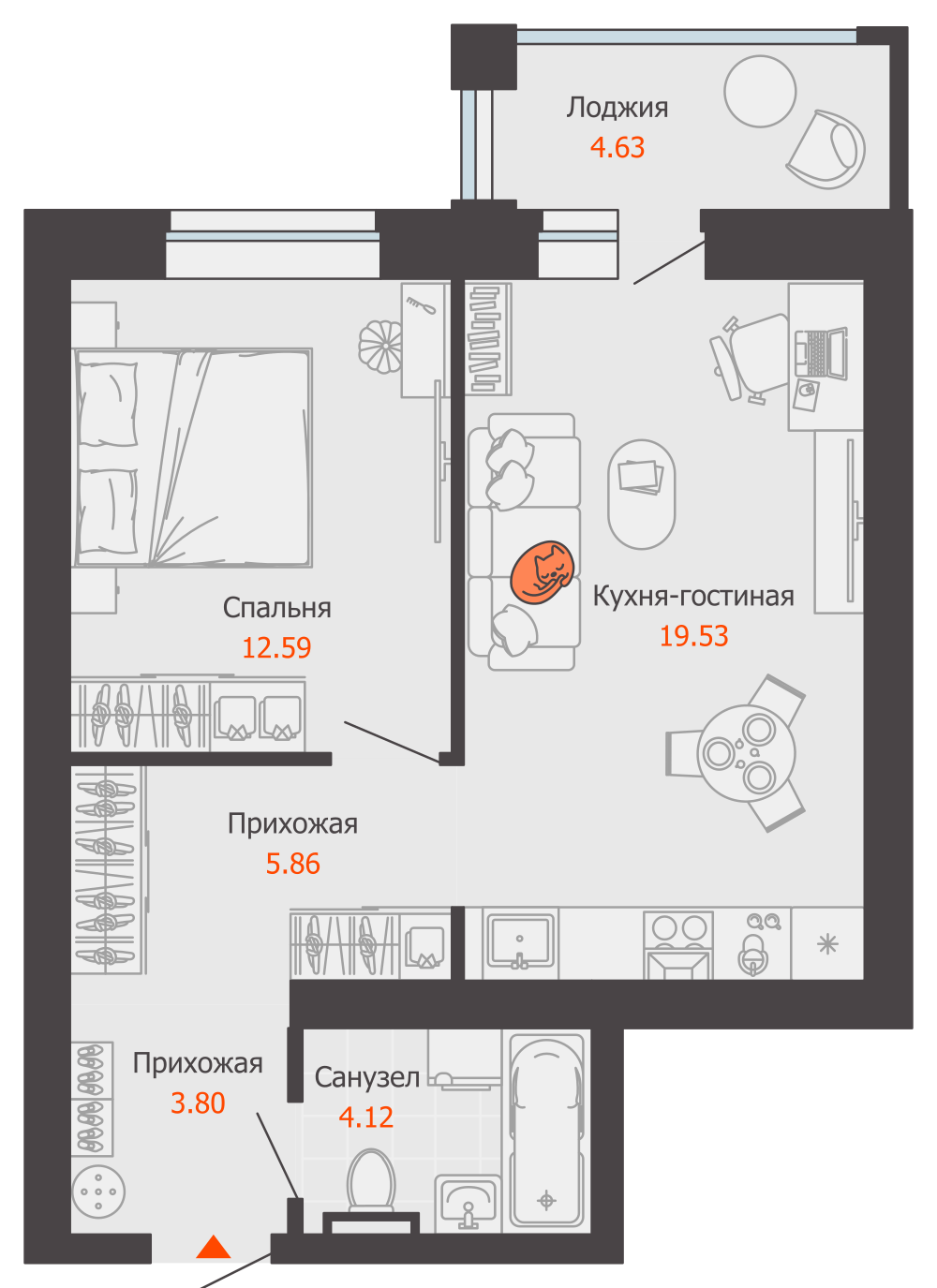 2-комнатная 48 м2 в ЖК ZNAK корпус null этаж 5