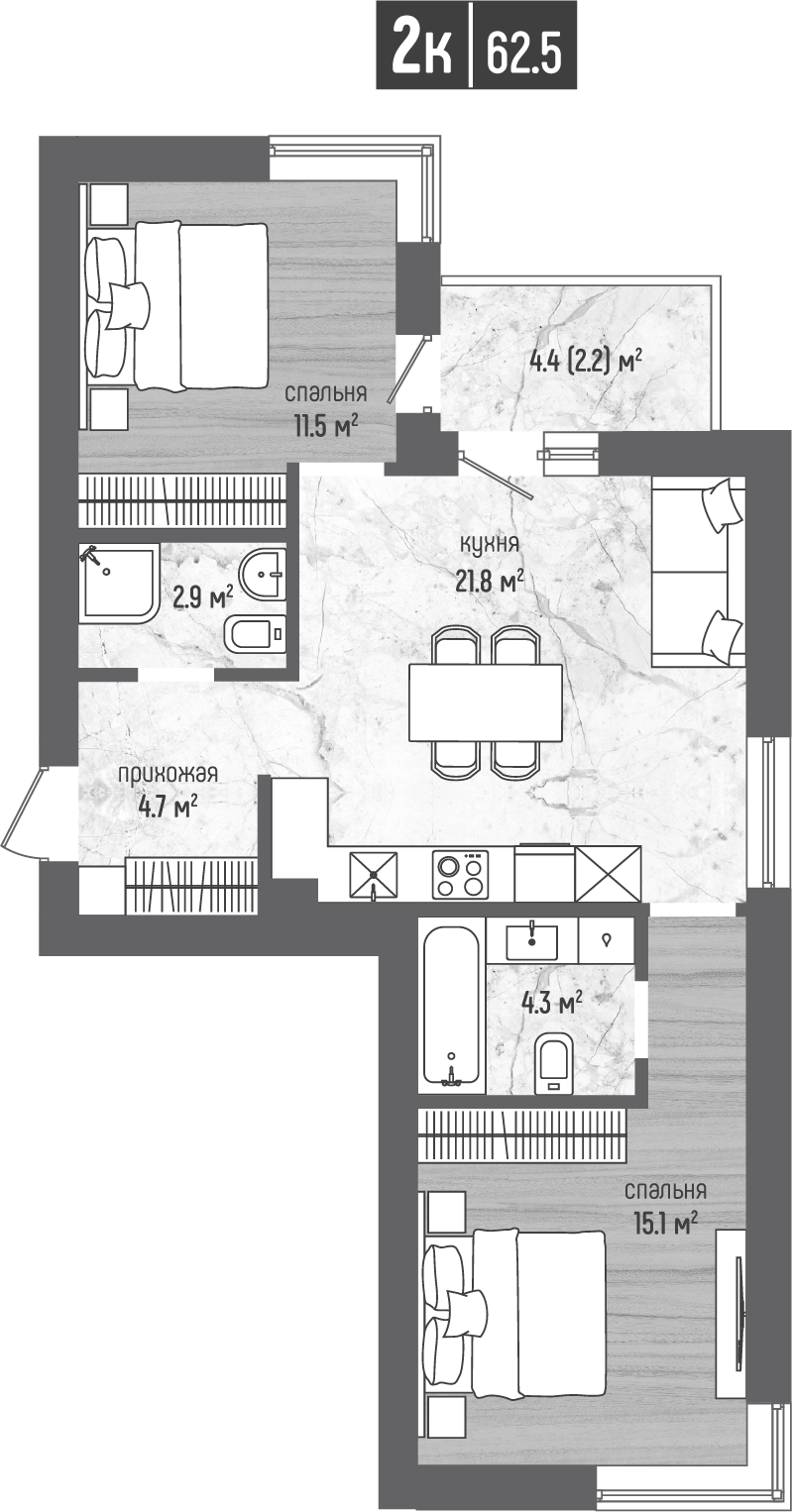 2-комнатная 62 м2 в ЖК Морена корпус null этаж 2