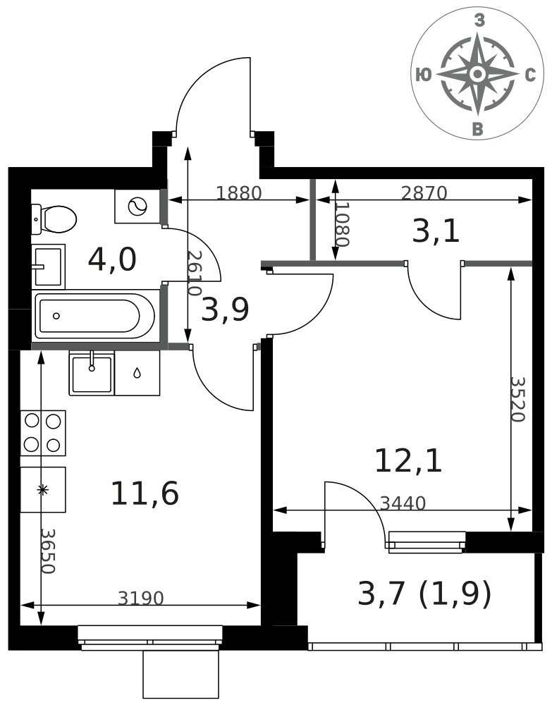 1-комнатная 36 м2 в ЖК 1-й Ясеневский корпус null этаж 9