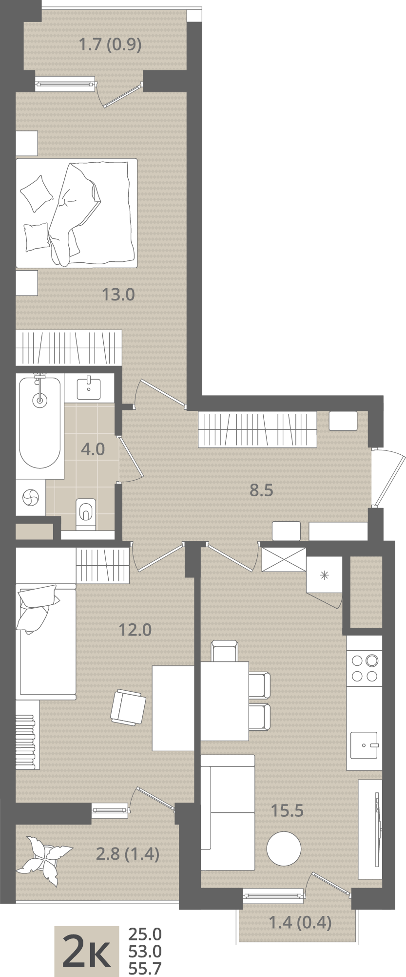 2-комнатная 55 м2 в ЖК МО’РЕ корпус null этаж 7