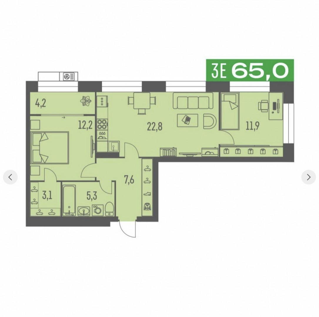 3-комнатная 65 м2 в ЖК undefined корпус null этаж 3