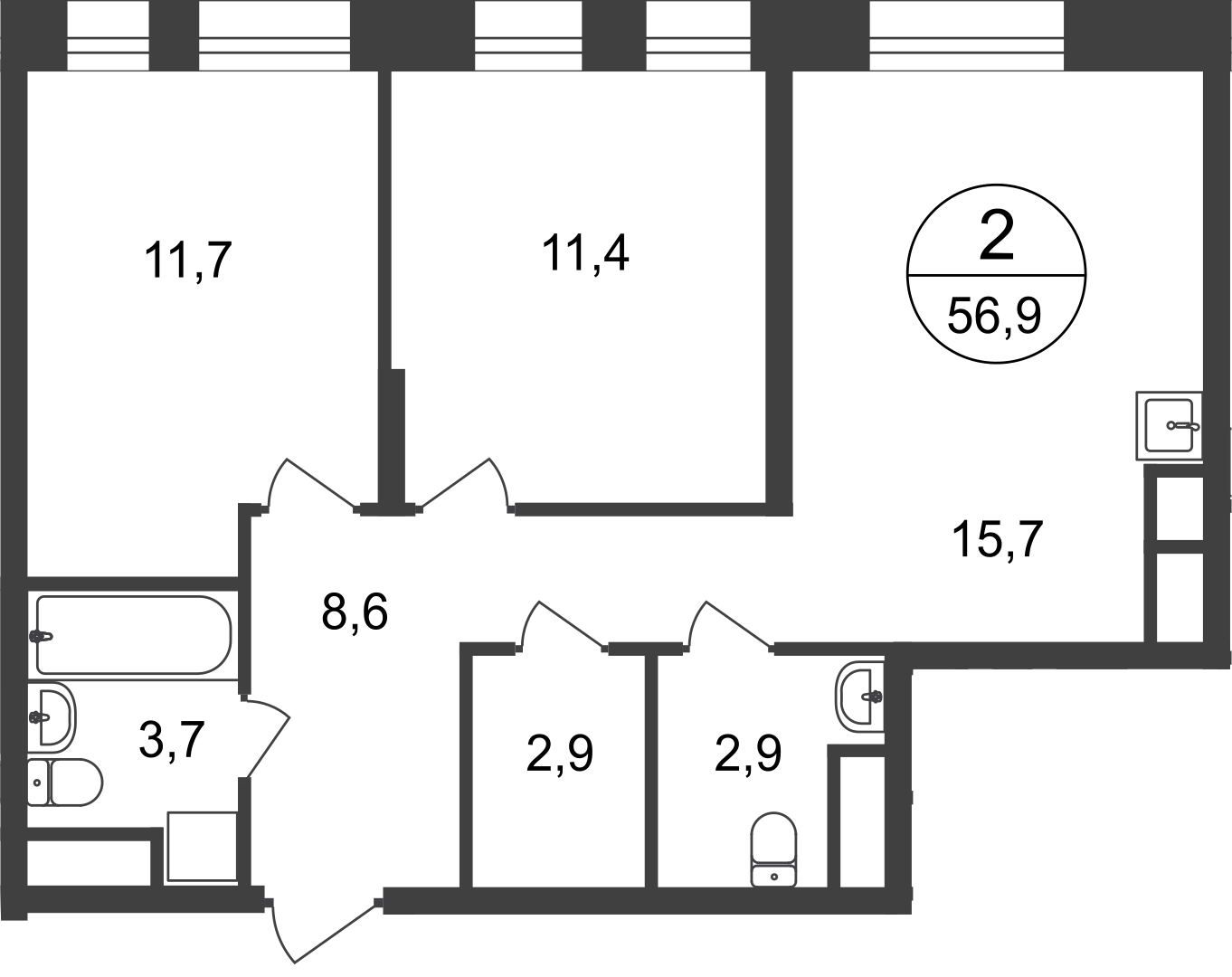 2-комнатная 56 м2 в ЖК Первый Московский корпус null этаж 15